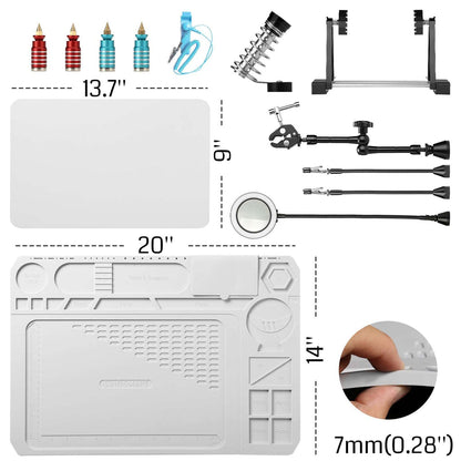 2-in-1 磁気ヘルピングハンズ はんだ付け修理ステーション シリコンマット付き、5倍 LED 拡大鏡付き、ESD 安全