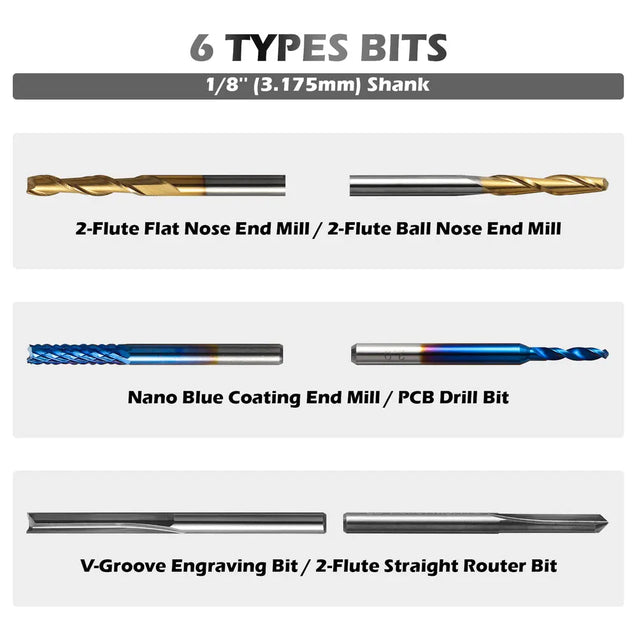 MC50A、1/8インチシャンク、タングステンカーバイドエンドミルルータービット、50個