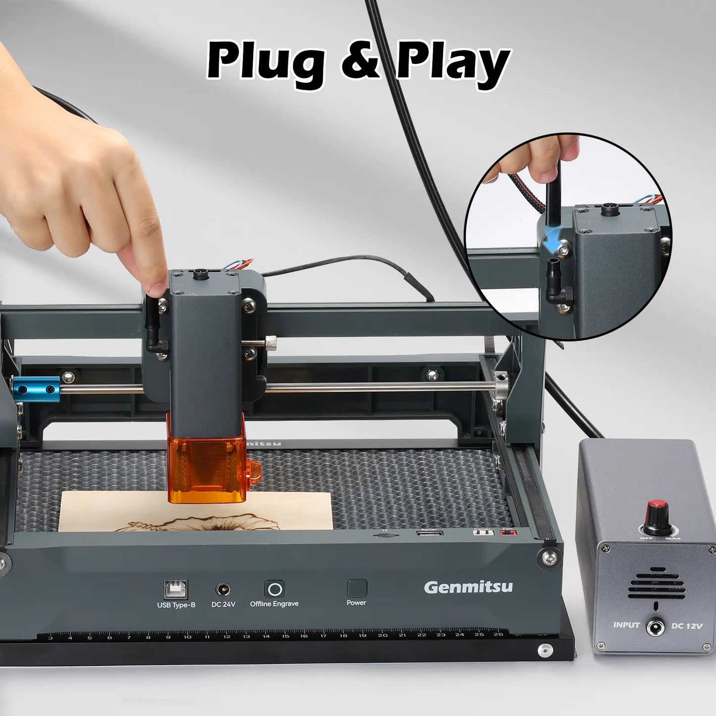 レーザー加工機用エアアシストポンプ、Genmitsu Kortekおよび市販のほとんどのCNC彫刻機・レーザー彫刻機に対応、煙とホコリを除去、デスクとレーザーレンズを保護