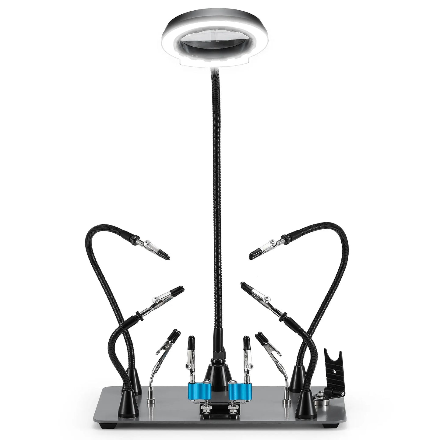アップグレード版 磁気はんだ付け作業台、新型はんだごて＆ミニクリップホルダー、5倍拡大鏡付きLEDライト、6本のフレキシブルアーム、28.2x18cm大型ベース、DIY・電子工作用