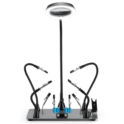 アップグレード版 磁気はんだ付け作業台、新型はんだごて＆ミニクリップホルダー、5倍拡大鏡付きLEDライト、6本のフレキシブルアーム、28.2x18cm大型ベース、DIY・電子工作用