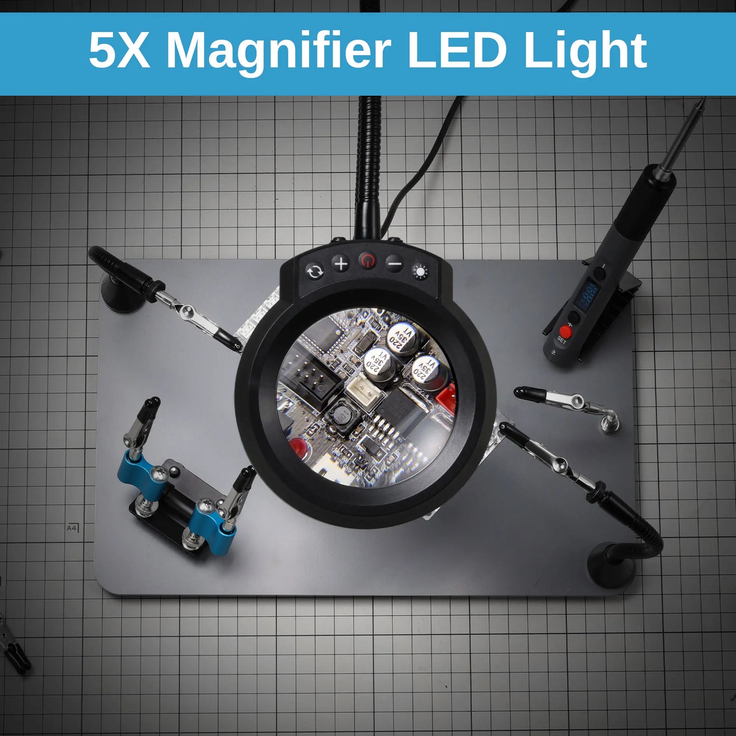 アップグレード版 磁気はんだ付け作業台、新型はんだごて＆ミニクリップホルダー、5倍拡大鏡付きLEDライト、6本のフレキシブルアーム、28.2x18cm大型ベース、DIY・電子工作用