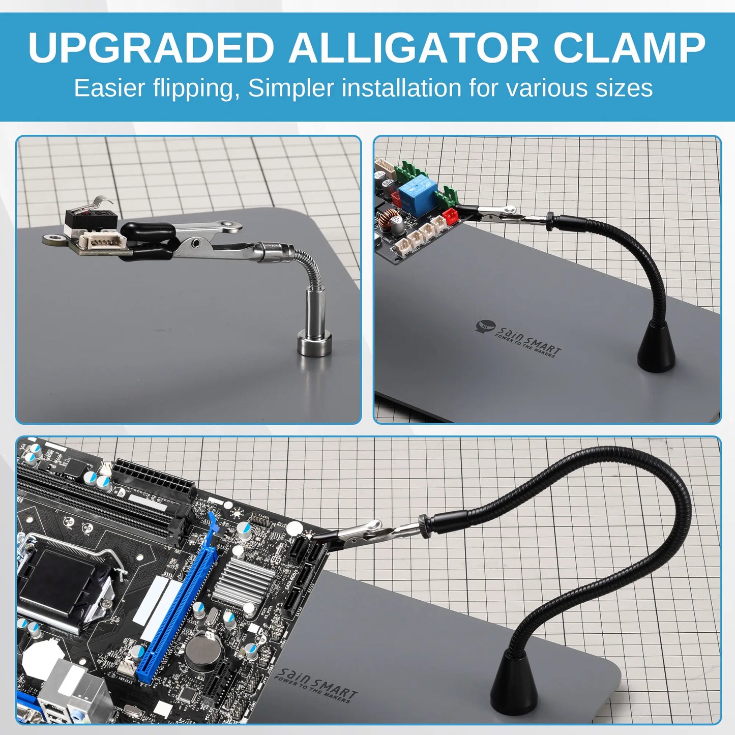 アップグレード版 磁気はんだ付け作業台、新型はんだごて＆ミニクリップホルダー、5倍拡大鏡付きLEDライト、6本のフレキシブルアーム、28.2x18cm大型ベース、DIY・電子工作用