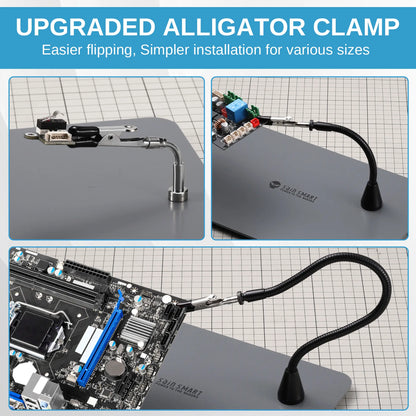 アップグレード版 磁気はんだ付け作業台、新型はんだごて＆ミニクリップホルダー、5倍拡大鏡付きLEDライト、6本のフレキシブルアーム、28.2x18cm大型ベース、DIY・電子工作用