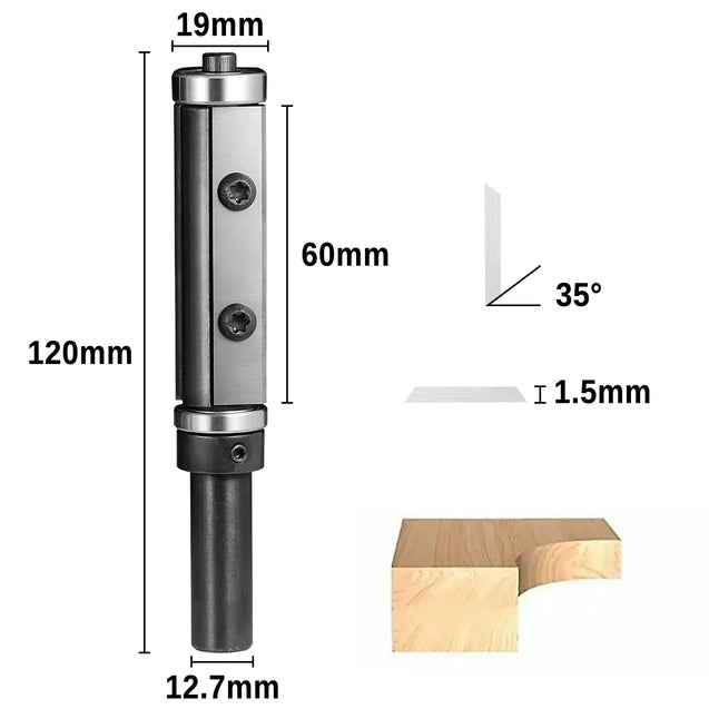 FRBE01A、1/2 インチシャンク、2-23/64 インチ切断長、上下ベアリングフラッシュカッター、交換可能な超硬インサート、木工のフラッシュトリミング用