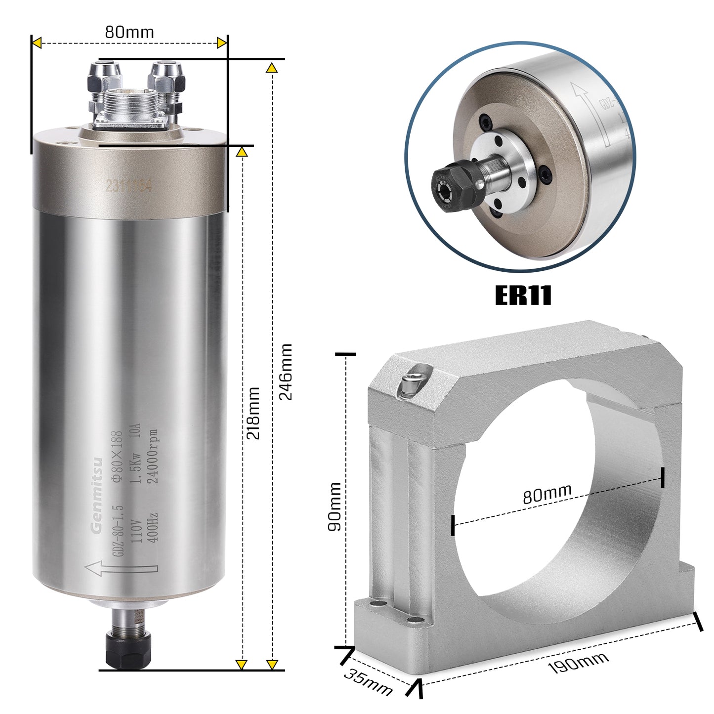 1.5KW-2.2KW 水冷スピンドルモーターキット、VFD およびウォーターポンプ付き、Φ80mm アルミクランプマウント