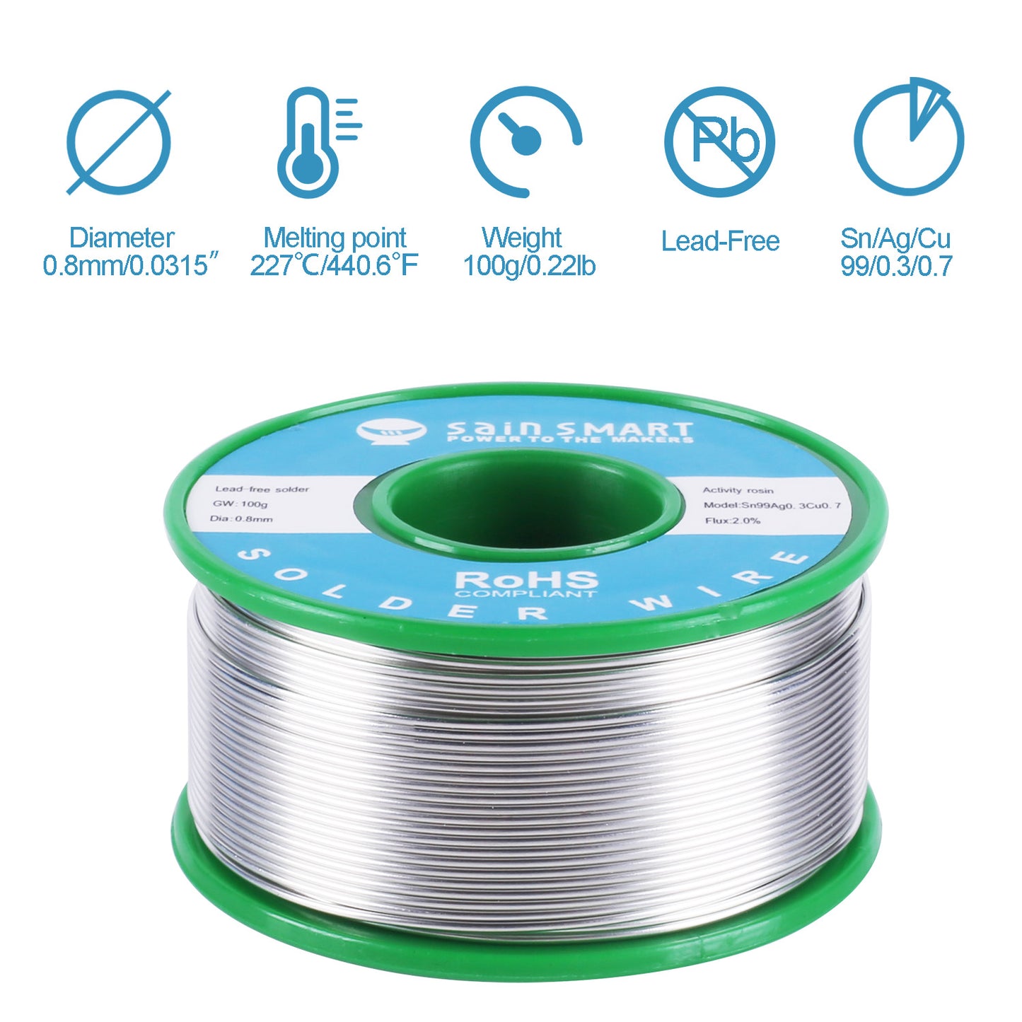 SainSmart無鉛はんだワイヤ0.8mm 100g Sn99 Cu0.7 Ag0.3-02