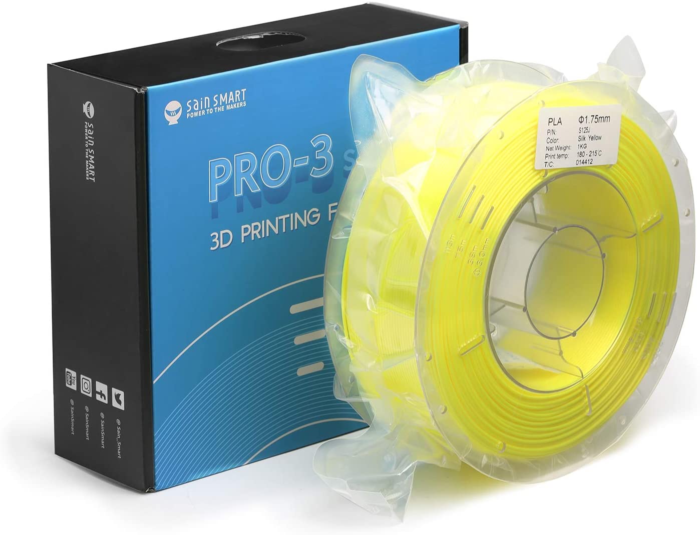 [discontinued] SainSmart シルク PLA フィラメント、PRO-3 糸絡み防止 1.75mm 3D プリンター フィラメント、寸法精度+/- 0.02mm、 1KG/2.2 LBS スプール、シルク ブルー (黄)